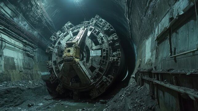 Close up view of a tunnel boring machine moving forward through a tunnel. Ai generated image