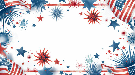 Obraz premium The frame dedicated to the Fourth of July is decorated with American flags, stars and fireworks. The frames are made in a patriotic style with red, white and blue inserts