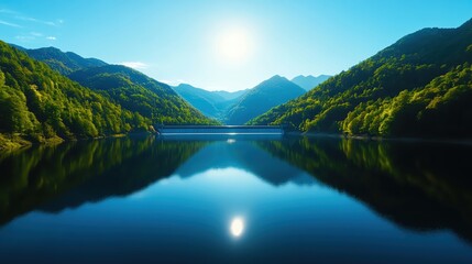A tranquil landscape showcasing a serene lake surrounded by lush green mountains under a bright blue sky.