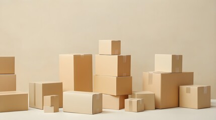 A collection of neatly stacked cardboard boxes in various sizes on a light solid color background, ideal for packaging concepts