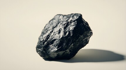 A close-up shot of a piece of coal on a light solid color background, showcasing its texture and shine