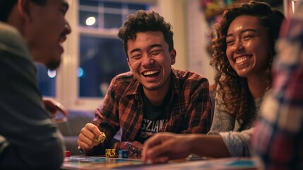 Fototapeta premium Group of friends having a fun game night at home, playing board games and laughing