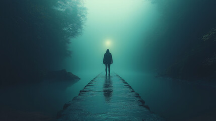 Woman Walking on Stone Path Towards Light in Misty Forest