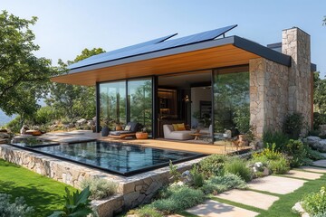 Fototapeta premium sustainable modern cottage with sleek solar panels seamlessly integrated into slanted roof nestled in lush green landscape