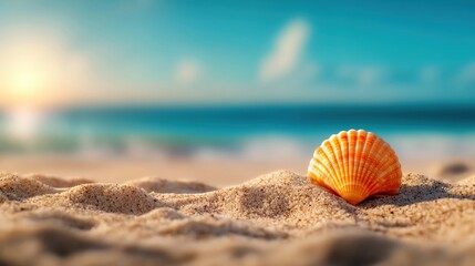 Obraz premium A vibrant seashell resting on sandy beach under a bright sky, evoking tranquility and the beauty of nature.