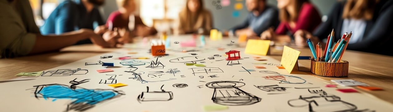 Creative brainstorming session with diverse people discussing ideas over a table filled with sketches and colorful stationery.