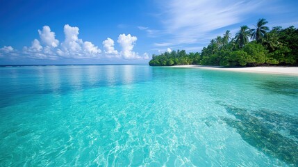 Obraz premium Serene tropical beach with clear turquoise water and lush greenery under a blue sky.