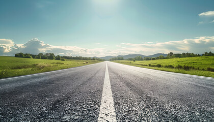 Asphalt highway road and green forest with mountain natural landscape under blue sky