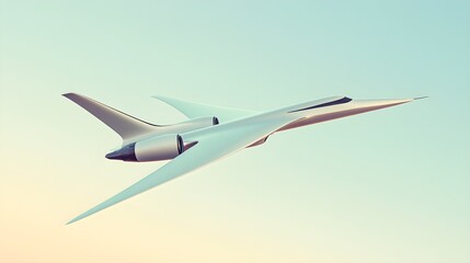 A sleek modern airplane soaring through a clear blue sky, showcasing its aerodynamic design against a light solid color background
