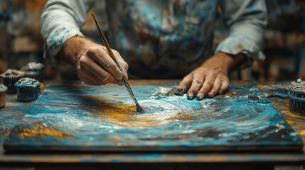 Obraz premium Artist Painting Artwork with Blue and Gold Oil Paints
