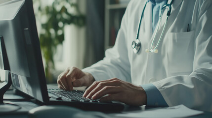 Doctor in front of a PC types on the keyboard, health concept, created with generative AI technology