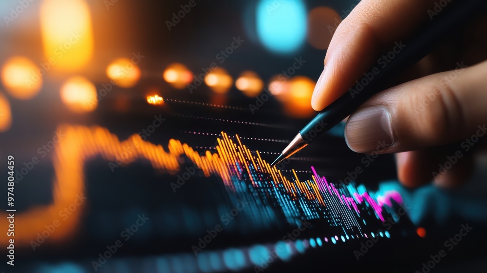 Poster close-up of a hand analyzing data on a digital screen with vibrant charts and glowing elements, symb
