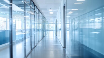 Defocused view of a large, modern office hallway with sleek, contemporary design elements