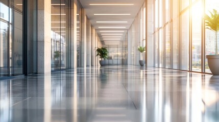 Defocused background image of a spacious hallway in a modern office