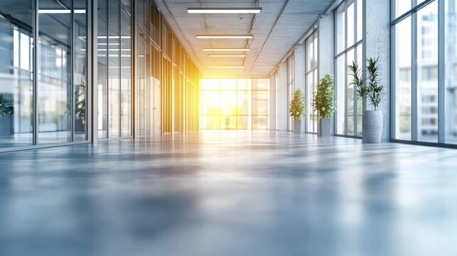 Defocused background image of a spacious hallway in a modern office