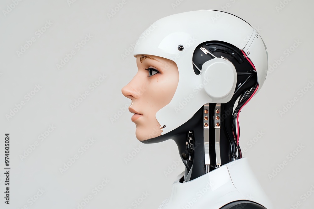 Poster futuristic robot head showing advanced technology and sleek design, representing innovation and arti