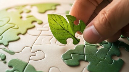Hand Placing Leaf-Shaped Puzzle Piece on World Map Representing Eco-Capitalism and Sustainable Development
