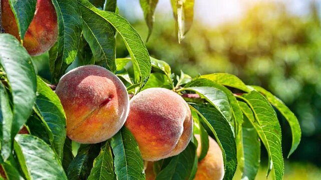 Image of ripe peaches hanging from a tree branch,