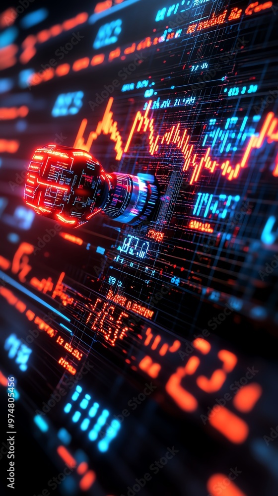 Poster dynamic stock market data visualization with vibrant charts and glowing indicators representing fina