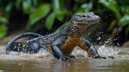 A lizard-like creature splashes through water in a lush environment.