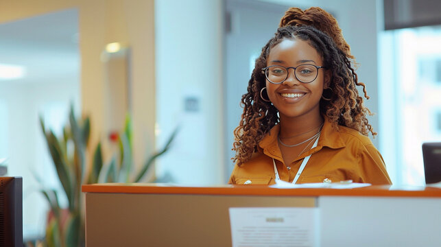 A secretary welcoming a visitor into an office, standing behind the reception desk with a friendly smile and a sign-in sheet in front of them.