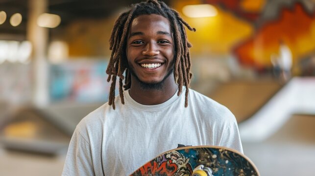 Smiling young man with dreadlocks holding skateboard in urban skatepark