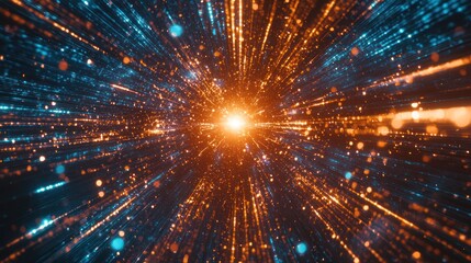 Naklejka premium Futuristic seamless loop of particle beams creating a dynamic digital data flow with powerful rays and light