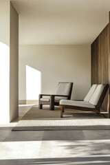 Fototapeta premium Modern minimalist interior design with neutral tones, wood accents and elegant furniture. Luxury interiors composition.