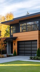 Modern two-story house with large windows, a black garage door, and wood accents