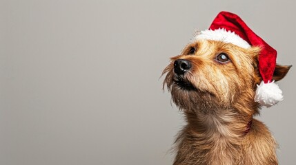 Adorable terrier dog wearing a festive Santa hat gazes upward with curiosity, its scruffy fur and...