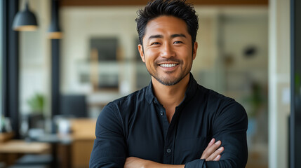 Fototapeta premium A handsome Japanese man in his late thirties, wearing a black shirt, is smiling while standing with his arms crossed. He has short hair and a clean skin tone, and he looks confiden