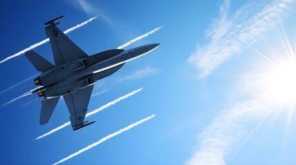 A fighter jet soaring through a clear blue sky with contrails behind it, capturing the essence of air power and freedom