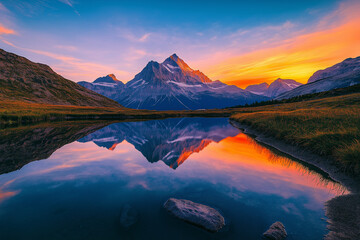 Mountain Reflection in Still Water at Sunset