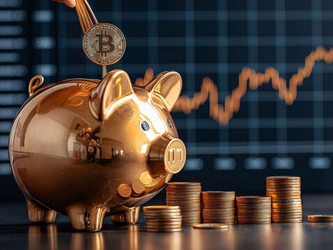 A person is pouring coins into shiny piggy bank while cryptocurrency trends are displayed in background, symbolizing investment and savings