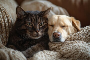 unlikely animal friendship portrayed through british shorthair cat and labrador retriever cuddling on cozy living room floor warm lighting