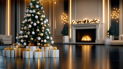Christmas Tree With Gold And White Ornaments In A Luxurious Living Room