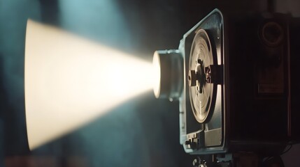 Fototapeta premium A close-up of a vintage film projector casting a beam of light onto a blank screen, evoking nostalgia and the magic of cinema