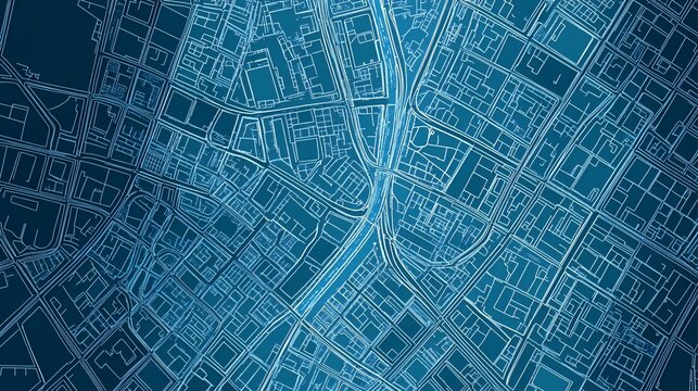 Abstract blue city map with roads, streets and buildings.