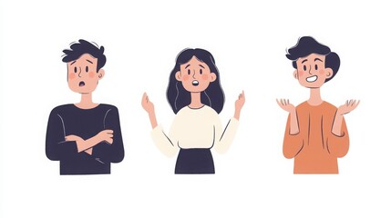 A minimalist illustration of characters displaying emotions like nervousness, elation, and calmness, each shown with distinct but simple gestures, white background