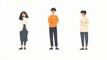 Fototapeta premium A minimalist illustration of characters displaying emotions like nervousness, elation, and calmness, each shown with distinct but simple gestures, white background