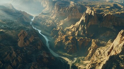 Aerial perspective of a canyon, capturing its depth and rugged terrain, shadows cast by the afternoon sun