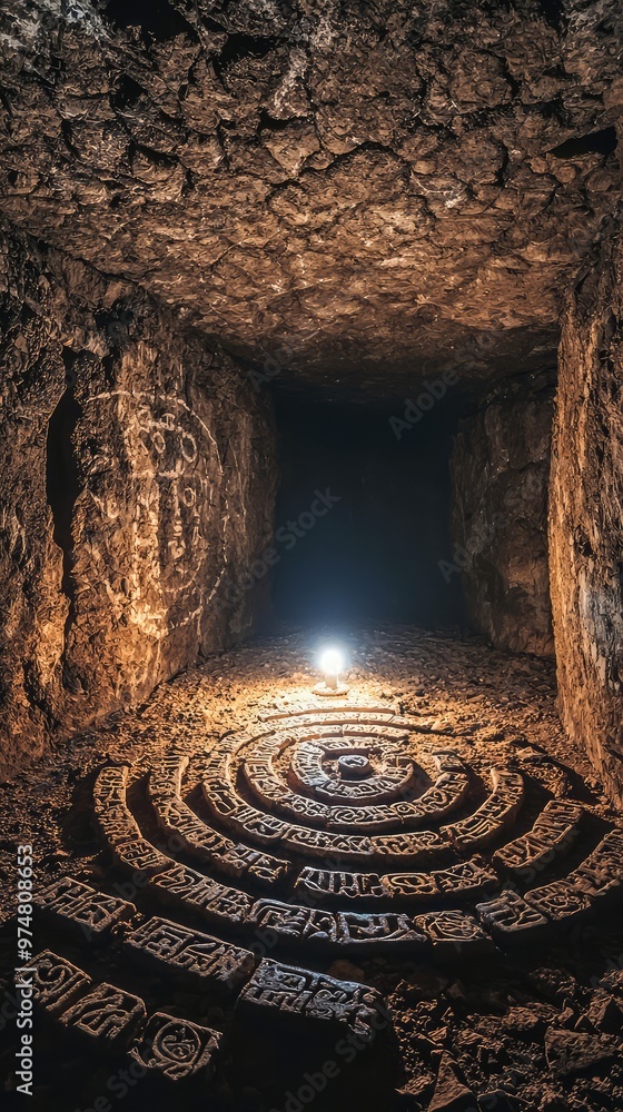 Poster a mysterious underground tunnel illuminated by a single light, featuring ancient symbols carved into