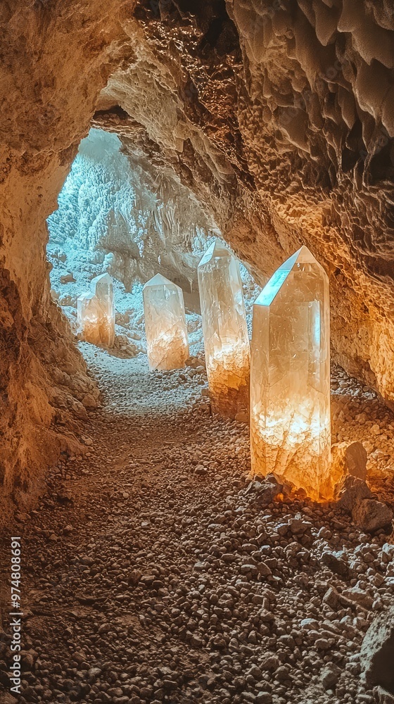 Poster a mystical cave adorned with glowing crystals, radiating soft light and creating an enchanting under