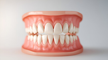 Obraz premium artificial jaw with teeth, teeth cleaning training, prevention of dental diseases, dentist examination, on white background, close-up