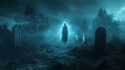 Ghostly Figure in a Graveyard at Night