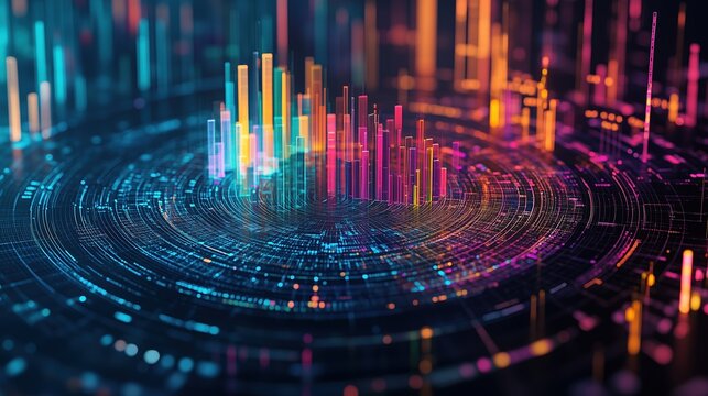 Data analysis for market trends in AI, top view, ensuring accuracy and actionable insights for strategic decisions, presented in an advanced tone with a split-complementary color scheme.