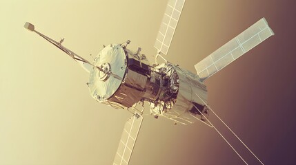 A high-resolution image of a satellite in space, with a focus on its detailed features, against a soft gradient light color backdrop