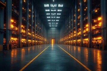 Obraz premium vast modern warehouse interior high ceilings rows of shelves automated systems cool lighting distant vanishing point workers and robots collaborating epitome of logistics efficiency
