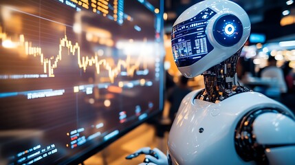 Futuristic robot analyzing data on a digital screen, symbolizing the integration of technology and finance in modern society.