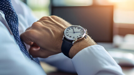 A close up of businessmanâ€™s wristwatch and hand, showcasing elegance and professionalism in modern office setting. watch reflects sense of punctuality and style
